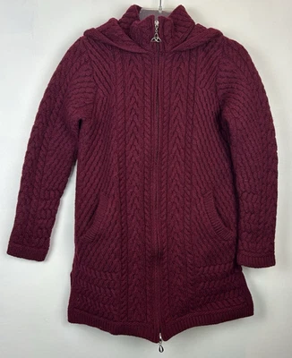 Aran Crafts开衫毛衣女式XS爱尔兰100%美利奴羊毛连帽全拉链 — 第 1/4 张图片