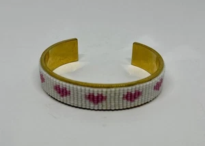 J Crew X ALISON LOU Gold Tone White and Pink Beaded Heart Cuff 7.5" Bracelet - Picture 1 of 5