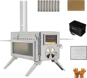 Portable Camping Wood Stove with View Glass and Cooking Function, 8 Stainless... - Picture 1 of 8