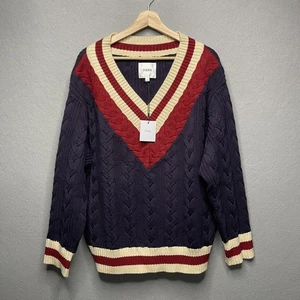 Cricket-Pullover mit V-Ausschnitt und Zopfmuster marineblau von FOUND Größe Small - Bild 1 von 6