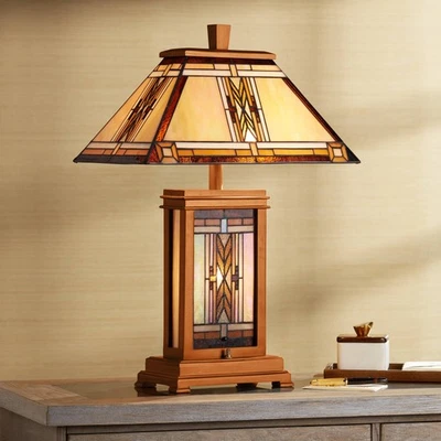 Mission Rustic Tiffany Style Table Lamp 27" Tall Walnut Wood with Nightlight - Image 1 of 4
