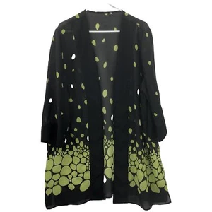 Womens Open Front Long Kimono Sheer Black Green Polka Dot Cardigan 52" Chest - Picture 1 of 8