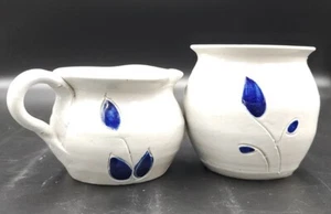 Williamsburg Pottery Hand Turned Salt Glazed Matching Cream and Sugar Set Cobalt - Picture 1 of 5