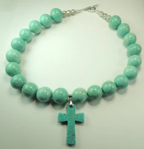Bold Turquoise Howlite Necklace with Howlite Cross Statement Handcrafted Jewelry - Picture 1 of 1