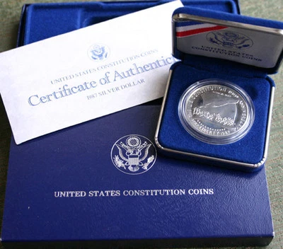1987 S US Mint Constitution Proof Silver Dollar Commemorative $1 Coin Box + COA - Image 1 of 4