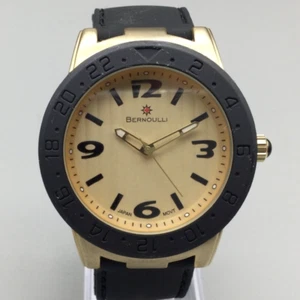 Bernoulli Watch Men 45mm Gold Tone Black Band Wood Gain DialNew Battery - Picture 1 of 16