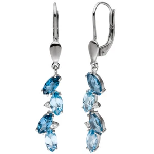 Pendiente 4 Diamantes Brillantes Topacio Azul 585 Oro Blanco - Imagen 1 de 1