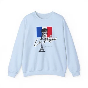 Le Meow French Cat Crewneck Sweatshirt, Cat Lover Gift - Picture 1 of 17