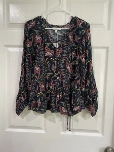William Rast Black Purple Floral Tie Front Peasant  Blouse Ruched Sleeve Size XS - Picture 1 of 10