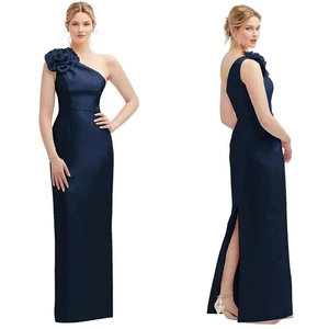 NEU ALFRED SUNG Midnight Blue OVERSIZED FLOWER One Shoulder SATIN Column KLEID 12 - Bild 1 von 13