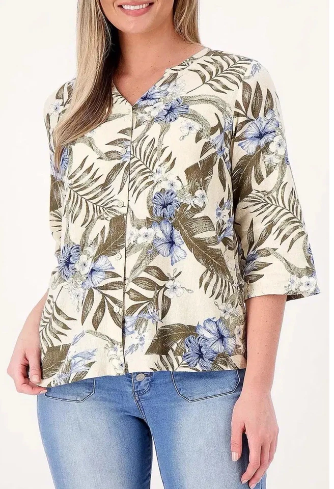 Denim & Co. Naturals Botão de Mistura de Linho Estampado Frontal Top Cáqui Palma 3X A501323 - Imagem 1 de 1