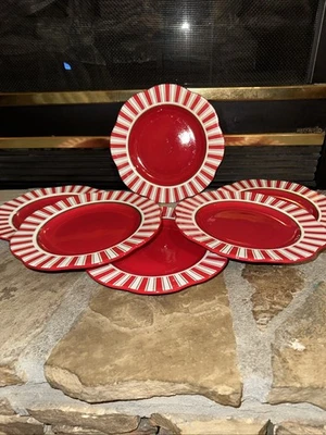 6 Pier 1 Imports Candy Cane Plates Salad Dessert Discontinued Christmas Holiday - Image 1 of 4