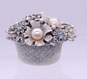 Cesta de flores Florenza vintage anillo baratija caja con tapa perlas pedrería azul - Imagen 1 de 17