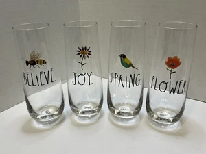 RAE DUNN Set of 4 Stemless 10 Oz Champagne Flutes - Joy Flower Spring Believe - Picture 1 of 8