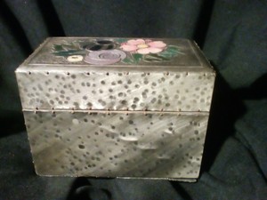 Vintage Antique Pewter / Enamel Playing Card Box with cards still inside.