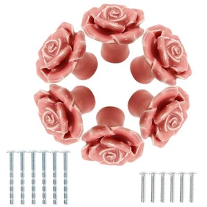 6 Pcs Pink Rose Drawer Pulls Ceramic Flower Knobs for Cabinets Dressers - Picture 1 of 5