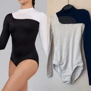 Weissman dance costume black white long sleeve 2 Tone Illusion Leotard 15526 SA - Picture 1 of 10