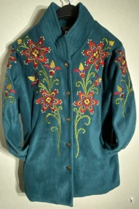 Vintage Bob Mackie Fleece Small Grannycore Jacket Teal Green Floral Embroidered - Picture 1 of 12