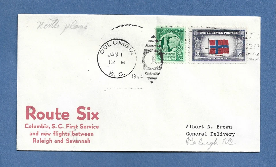 FIRST FLIGHT ROUTE 6 COLUMBIA S.C TO RALEIGH JAN 1,1944  BROWN - Image 1 of 1