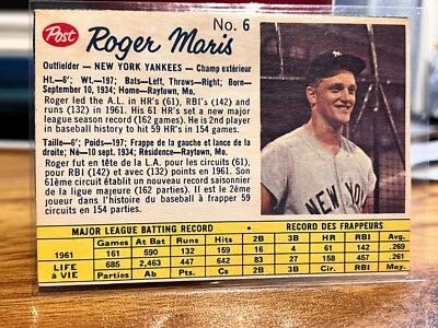 1962 Post Canadian - #6 Roger Maris Grape Nuts Version Rare - Image 1 of 2