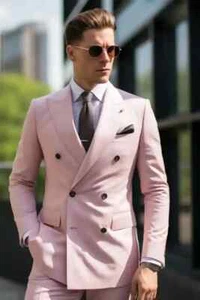 Light Pink Slim Fit Suit for Men, Dapper Double-Breasted Formal Jacket Set Blaze - Picture 1 of 6