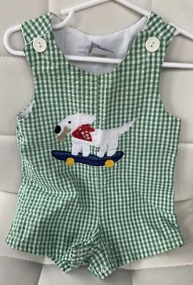 Vintage Samara Shortalls Jumper 12 Months Dog On Skateboard Green Gingham - Image 1 of 4