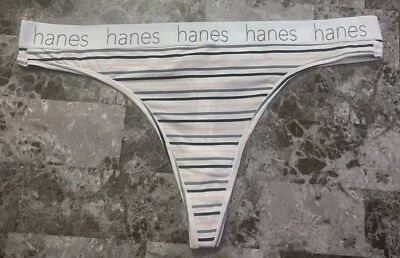 HANES 9/2XL PINK GRAY STRIPE THICK LOGO BAND COTTON BLEND STRETCH THONG PANTIES - Image 1 of 3
