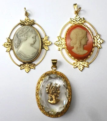 3 colgantes grandes de oro camafeos de porcelana y vidrio vintage de Alemania y mujer checa Foto 1 de 4