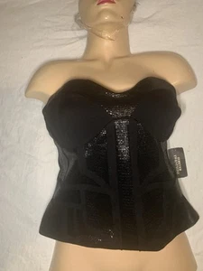 2000s Forever 21 Black Sequin Bustier Top/MiniDress Retro Tie Top Size Large - Picture 1 of 12