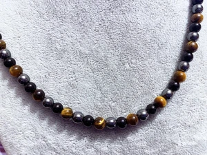 Collana Girocollo da Uomo in Pietra Occhio di Tigre Croce in Ematite Rosario 6mm - Foto 1 di 8
