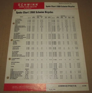 1980 Schwinn Service Clinic Bulletin #93 Spoke Chart for 1980 Schwinn Bicycles - Picture 1 of 4