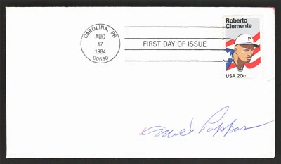 Milt Pappas Signed 1984 FDC Roberto Clemente Stamp First Day Cover Envelope - Image 1 of 2