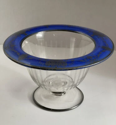 Vintage Pedestal Compote Dish Etched Glass Cobalt Rim Silver Overlay 4.5” Tall - Image 1 of 4