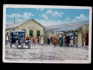 c1920 Life At Camp Dix, NJ, Visitors At Railroad Depot Vintage Postcard - Picture 1 of 2