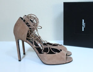 New sz 9 / 39 Saint Laurent Beige Suede Lace up open toe Sandal Pump Shoes YSL - Picture 1 of 7