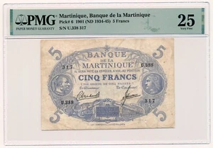 MARTINIQUE banknote 5 Francs 1945 Blue type PMG VF 25 Very Fine - Picture 1 of 7