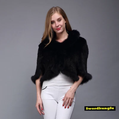 Abrigo de piel para mujer tejido a mano chal de piel de visón real con cuello de zorro capa estola Foto 1 de 4