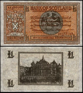 SCOTLAND BANK OF SCOTLAND 1 POUND (P91c) 1943 AU/UNC - Picture 1 of 1