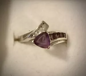 Anello oro bianco 10K ametista e diamanti taglia 7 pietra portafortuna donna febbraio tenuta - Foto 1 di 6