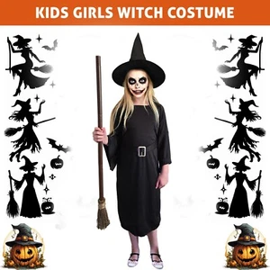Niñas Disfraz de Bruja Malvada Negro Gótico Brujas Halloween Vestido Elegante Conjunto - Imagen 1 de 5
