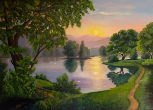 Grande paesaggio estivo dipinto olio originale fiume lago tramonto 23,6x31,4 pollici - Foto 1 di 11