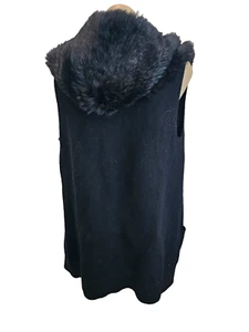 THEORY "Nayeli F" Black Knitted Wool Open Vest w/ Dyed Rabbit Hood - NWT - Large - Picture 1 of 7