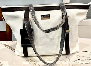 New With Tags Badgley Mischka Leather Travel Weekender Bag - White & Black - Picture 1 of 15