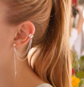 Trendy Silver Tone Ear Cuff Clip Earrings Leaf Chain Climber Rings Dangle ecf01