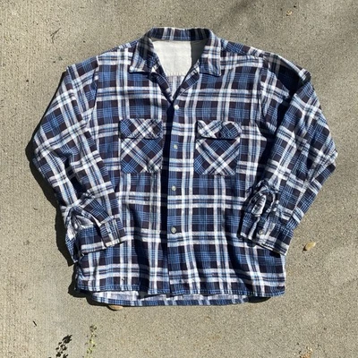 Vintage 50s 60s Cotton Flannel Blue Distressed Large Flap Pocket Rockabilly - Image 1 of 4