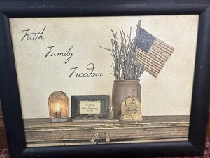 Susie Boyer Primitive Faith, Family, Freedom Print Picture ~ Crock ~ Flag  - Picture 1 of 3