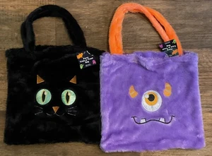 (2) Furry Reusable Halloween Trick or Treat Bag - Black Cat & Purple Monster - Picture 1 of 4