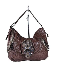 Vintage Guess Buckle Brown Distressed Faux Leather Shoulder Bag Snake Strap Y2K - Picture 1 of 9