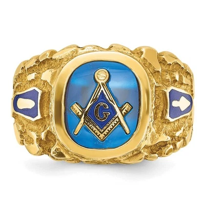 Anillo Masónico Lodge Azul Zafiro Creado Oro Amarillo 14k Texturizado con Esmalte y Zafiro Creado Foto 1 de 4