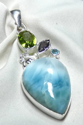 Larimar Perdot Blautopas Amethyst Anhänger 925 Silber wertvolles UNIKAT NEU - Bild 1 von 4